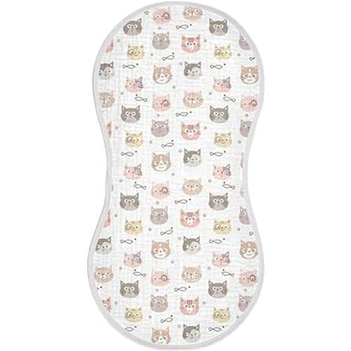 Kigai Cartoon Cat Face Muslin Baby Burp Cloths - Super Absorbent and Soft Burping Rags - Cotton Burp Clothes Set for Boys and Girls, 2 Pack