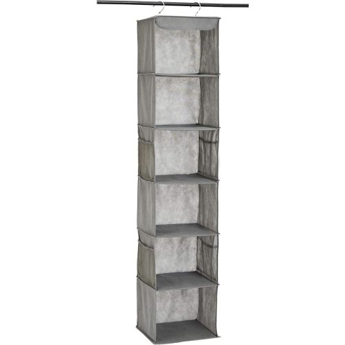 Amazon Basics 6-Tier Hanging Closet Shelf Organizer With Pockets, 8.5" D x 12" W x 9" H, Grey