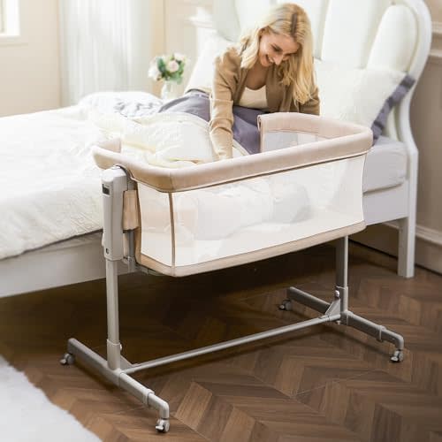 ONTHEWEI Baby Bassinet Bedside Sleeper, 3-in-1 Rocking Bassinet with Wheels, 6-Height Adjustable Crib with Breathable Mesh, Soft Mattress for Newborns & Infants