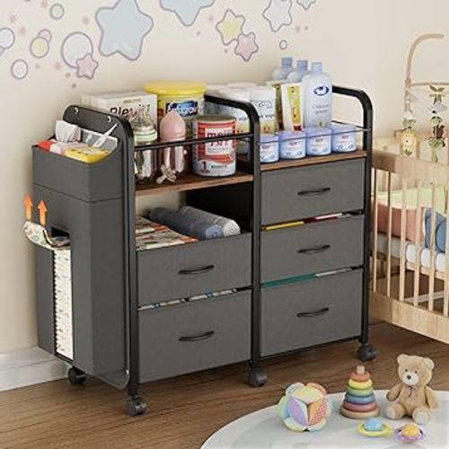 Baby Diaper Caddy Organizer Cart - Bedside Cart with Drawers & Side Storage, Nursery Essentials Stuff & Clothes Organization, 3 Tier Rolling Carts with Wheels for Nursery, Bedroom, Easy to Assemble