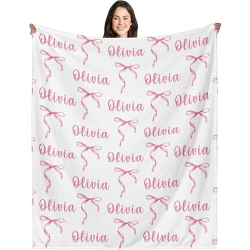 Pink Bow Blanket Coquette Custom Name Throw for Kids Baby Teens Girls Boys Personalized Blanket with Name Soft Flannel Easter Throw Cute Bow Stuff Aesthetic Plush Preppy Room Decor Birthday Gifts