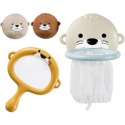 Otter Bath Toy, Otter Family Tub Toy Bathtub Floating Toy for Kids - Soft Vinyl and ABS Plastic Material - No Hole One-Piece Design (Otter Basketball Hoop + Fishing Net + 2 Balls)