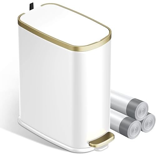 KUK Small Bathroom Trash Can with Lid Soft Close, Step Pedal, 2.6 Gal Stainless Steel Garbage Can with Removable Inner Bucket, Anti-Fingerprint Wastebasket for Office, Bedroom, Toilet (White)