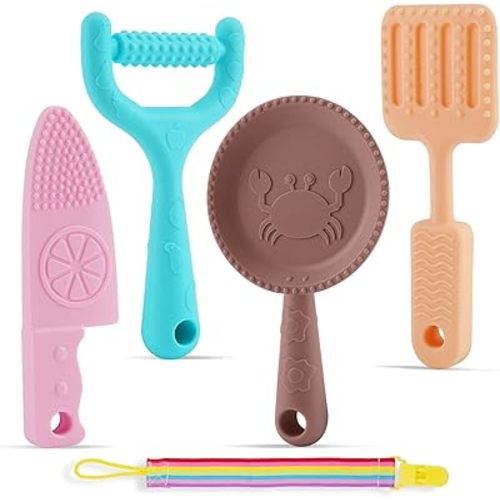 0-BPA Silicone Culinary Kitchen Utensil Baby Teething Toys,Chef Cooking Role Playing Games Training for Baby Girls Boys,Molar Chewing Freezer teether Toys for 6-12 Months Infants,Kids,4 Pack