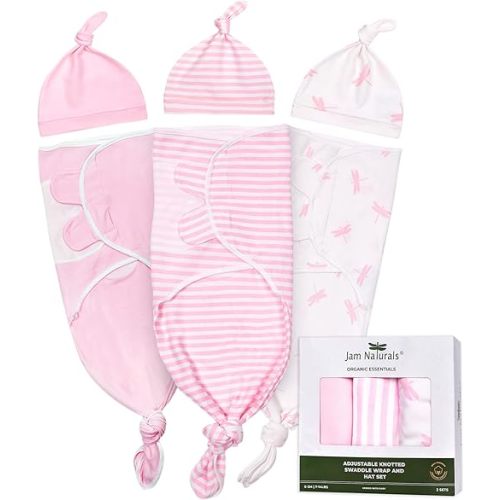 Jam Naturals- Organic Knotted Tie Bottom Adjustable Velcro Swaddle and Hat Set of 3, Newborn Sleep Sack (0-3m, 7-14lbs Pink)