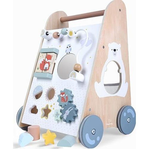 Wooden Baby Walker with Activity Center - Both Standing and Push Options - For Infants 10 to 12 months and Toddlers 1 Year Old and Up - Learn to Walk Toys for Boys and Girls - Babies Stand Up Activity