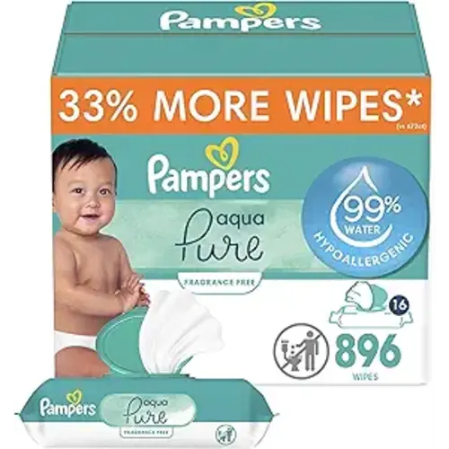 Pampers Baby Wipes Aqua Pure, 99% water-based wipes, Hypoallergenic and Unscented Baby Wipes, 896 Wipes Total (16 Flip-Top Packs)