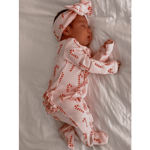 Organic Waffle Ruffle Zip Footie, Pink Candy Cane