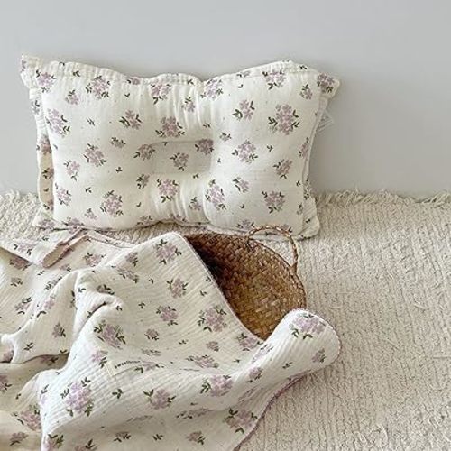 BuLuTu Aesthetic Floral Baby Nursery Throw Blanket Cotton Muslin Kids Blanket with Mauve Flowers Pattern Crib/Cradle Quilt Thin Summer Quilt for Boys,Girls,Breathable,Lightweight,47"x51"
