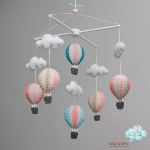Pastel living coral hot air balloons baby mobile  baby mobile