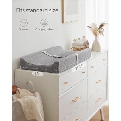 Blissful Diary Baby Changing Pad with Waterproof Lining Foam, Includes a Soft & Washable Cover, Contoured Changing Table Pads for Dresser Top with Non-Slip Bottom, 32”×16” (Grey, Rectangular)