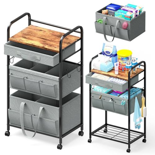 Carrito organizador de pañales para bebé, carrito utilitario de metal de 3 niveles con cajón, cesta extraíble y ruedas, carrito de pañales para almacenamiento de suministros de bebé, guardería