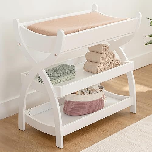 Comfy Cubs Baby Changing Table - Sturdy Wood Construction, Timeless Look Baby Change Table with Two Open Shelves for Infant Daycare Essentials Storage - White