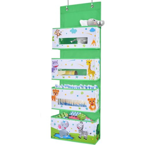 WERNNSAI Jungle Animal Over the Door Hanging Organizer - 4 Clear Window Pockets, Oxford Cloth Material, Suitable for Children's Rooms, Kindergartens, Nurseries