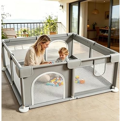 Large Play Yard 47x47 Playpen, Safe Anti-Fall Design, Breathable Mesh, Indoor & Outdoor Use, Easy Assembly, Grey