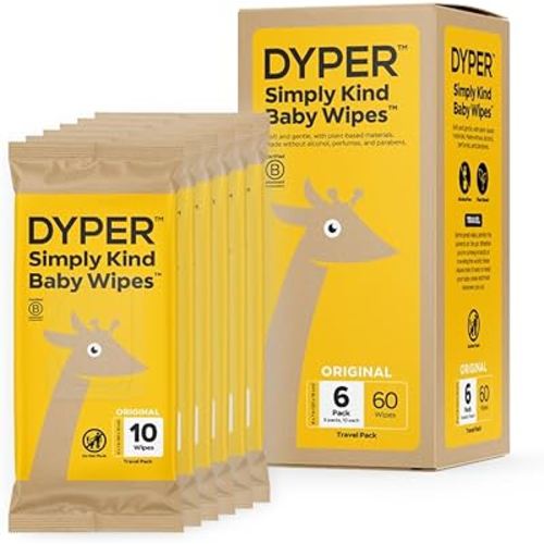 DYPER Baby Wipes | 99% Water Wipes | 100% Plant-Based | Hypoallergenic for Sensitive Skin | Honest Ingredients | Fragrance Free | Plastic-Free (60 Travel Wipes (Pack of 6))