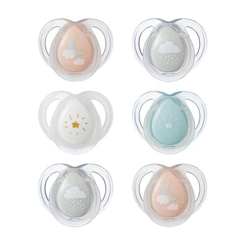 Tommee Tippee Night Time Pacifier, 0-6 Months, Symmetrical Silicone Baglet, BPA-Free Binkies, Glow in The Dark Technology, Pink Pastels, Pack of 6