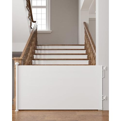 Cumbor 76" Wide Long Retractable Dog Gate for Stairs, Mesh Pet Gates for the House, 34" Tall Extra Wide Stair Gate for Dogs, Puppy & Cat Safety Fence Gates for Doorways, Hallways,Indoor/Outdoor(White)