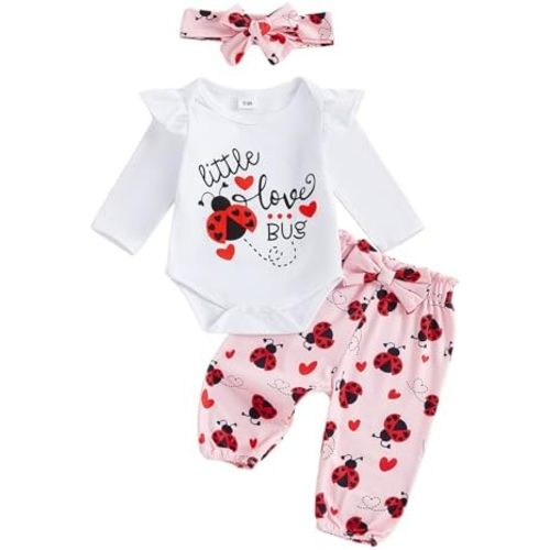 Amiblvowa Baby Girl Valentines Outfit Love Heart Ladybug Bug Print Long Sleeve Romper with Pants Bow Headband Infant