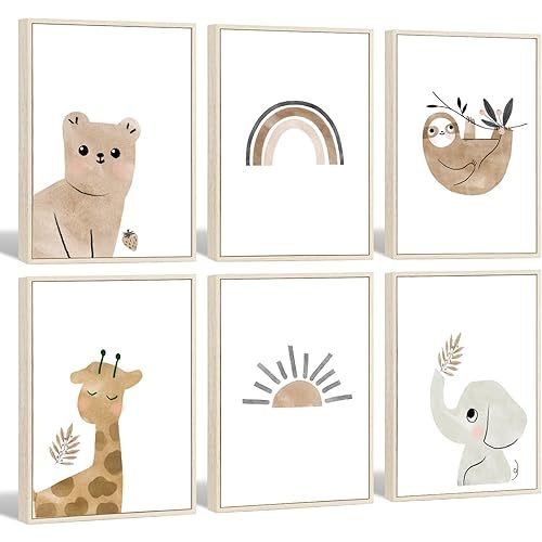 Nursery Wall Art Print Set of 6 Boho Nursery Wall Art Baby Nursery Canavs Wall Art Nursery Animal Rainbow Print Boho Rainbow Nursery Decor Neutral Baby Girl Boy Room Wall Decor 12x16 Inch FRAMED