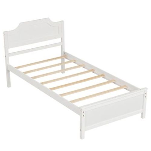 Costway Twin Size Solid Wood Platform Bed Frame with Headboard, Wood Slat Support, White + Natural