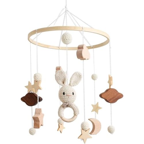 Baby Mobile, Baby Crib Mobile for Boys Girls 3D Clouds Rabbit Animals Baby Mobile for Crib Wind Chimes Kids Room Baby Girl Nursery Decor (B)