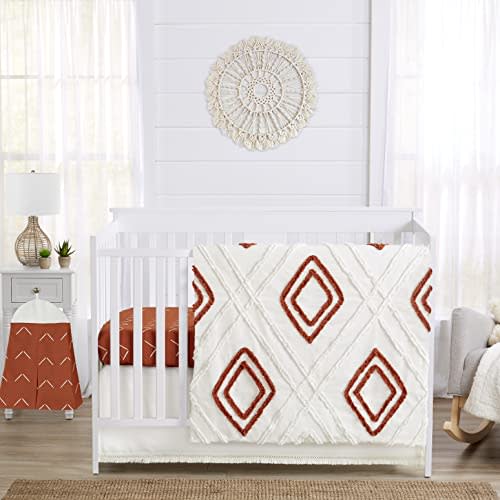 Sweet Jojo Designs 4-Piece Baby Crib Bedding Set (Boho Chic) for Boys or Girls, Infants/Nursery incl. Cotton Blanket, Fitted Sheet, Skirt, Diaper Stacker (Neutral, Modern Farmhouse, Off White, Orange)