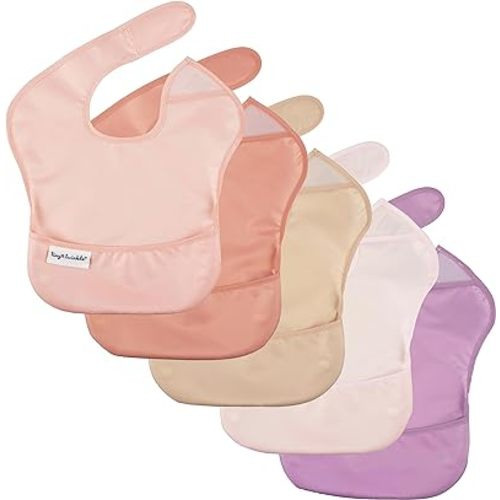 Tiny Twinkle Mess-Proof Baby Bib - Waterproof Bib for Baby Boy or Girl - Machine Washable - Adjustable Closure - PVC, BPA & Phthalate Free - Great for Travel - Baby Food Bibs (5 Pack, Girl Spring)