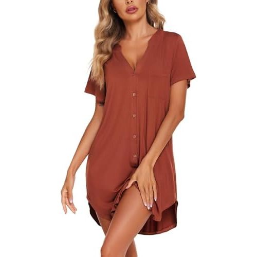 Ekouaer Women Button Down Nightgown V Neck Night Gowns Sleepshirts Short Sleep Shirts