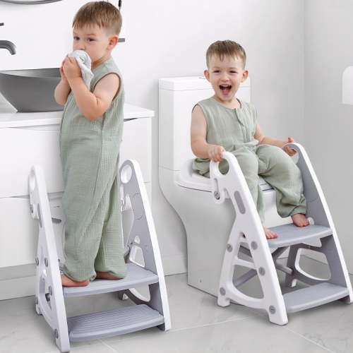 Primlect Potty Training Toilet Seat, 2 in 1 with Ladder, Adjustable Height ,for Ages 1-7, Gray