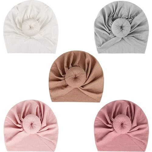 DRESHOW BQUBO 5 Pieces Baby Turban Hats Turban Bun Knot Baby Infant Beanie Baby Girl Soft Cute Toddler Cap