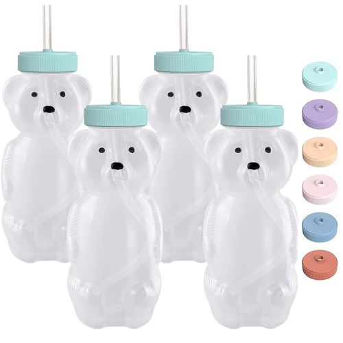 Honey Bear Straw Cups for Babies - 4 Pack, 8oz Straw Bear Cup with Improved Safety Lid Design - Leak-Proof & Food-Grade & BPA Free