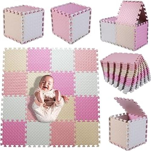 Foam Play Mat(16 Pcs/Set), Multi-Colored Play Mat for Baby, EVA Non-Toxic Interlocking Foam Puzzle Floor Mats, 0.4" Thick Square Kids Playmat for 47*47" Playpen(White/Beige/Pink/Lori Pink)