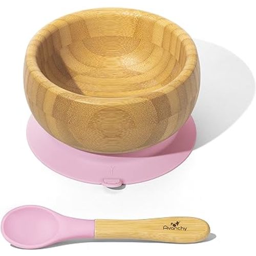Avanchy Bamboo Baby Bowl with Spoon and Removable Silicone Suction Base – Non-Toxic, BPA-Free Feeding Bowl for Babies and Toddlers – Natural Bamboo Suction Bowl, Blue