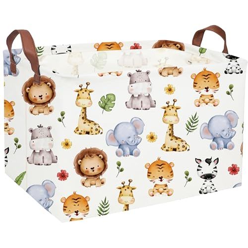 Sanjiaofen Rectangular Kids Storage Bins,Baby Baskets Organizer.Waterproof PE Coating Cute Basket with Handles.Woodland Nursery Decor,Toys Box,Books Basket, (Cute Animal)