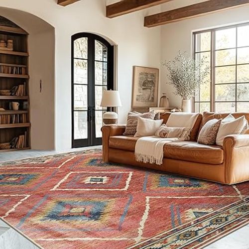 Area Rug 5x7 Rug Machine Washable Non-Slip Low Pile Print Pattern Western Rug for Living Room Bedroom Entryway-Red/Orange