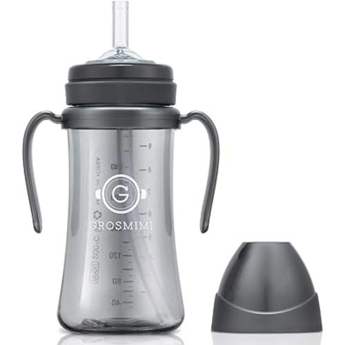 GROSMIMI Spill Proof no Spill Magic Sippy Cup with Straw with Handle for Baby and Toddlers, Customizable, PPSU, BPA Free 10 oz (Charcoal)