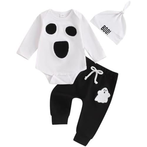 Lamuusaa Newborn Baby Boy Halloween Outfit Long Sleeve Ghost Embroidery Romper Long Pants Boo Hat 3Pcs Clothes Set