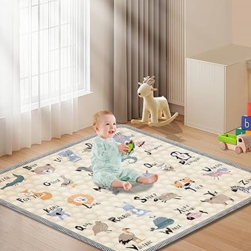 Baby Play Mat for Floor, 50x50 Playpen Mat, Soft Portable, Non-Slip Crawling Mat Machine Washable Foldable Playmate for Babies,Toddlers, Infants Indoor/Outdoor Use, Alphabet & Animal Design