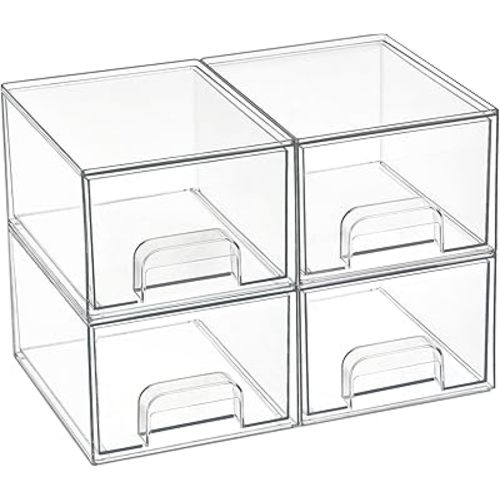 Vtopmart 4 Pack Small Clear Stackable Storage Drawers,Acrylic Bathroom Makeup Organizer,Plastic Storage Bins For Vanity, Undersink, Kitchen Cabinets, Pantry, Home Organization