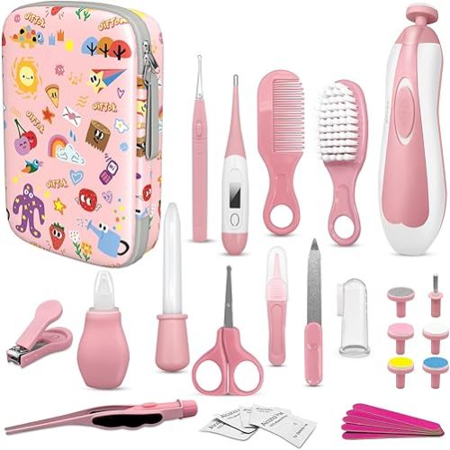 JIFTOK Baby Healthcare and Grooming Kit, 30 in 1 Baby Electric Nail Trimmer Set, Newborn Nursery Care Kit, Baby Essentials Set with Hair Brush Comb, Nail Clippers for Infant Toddlers Boys Girls (Pink)