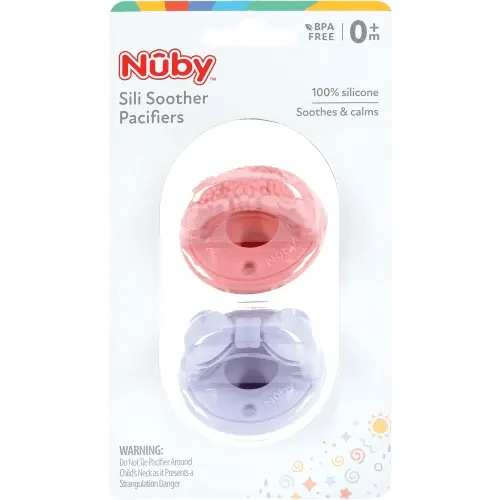 Nuby 3-D Sili Soother Pacifiers with Soft Handle and Two Safety Air Holes, 2 Pack, 0+ Months, Purple Bow and Pink Flowers