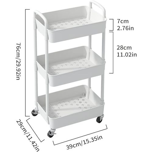 Sywhitta 3-Tier Plastic Rolling Utility Cart with Handle, Multi-Functional Storage Trolley for Office, Living Room, Kitchen, Movable Storage Organizer with Wheels, White