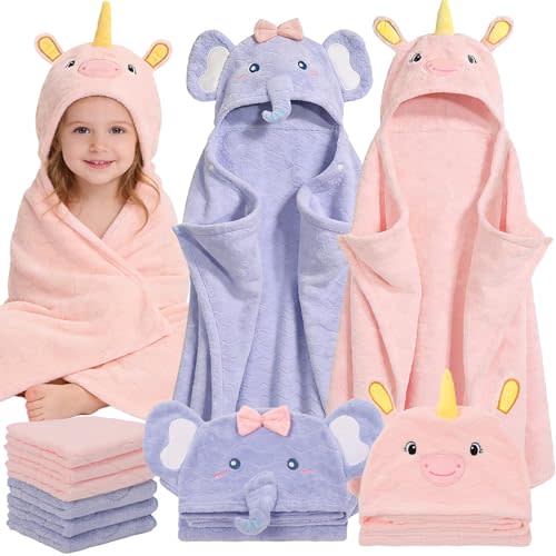 Flasoo 8 Pcs Toddler Bath Towel Set, 2 Pcs Toddler Towels with Hood, Large 55" x 27.5" Toddler Towels & 6 Pcs Baby Washcloths for Boy Girl, Soft Absorbent Gift for Baby, Infant, Newborn Essential