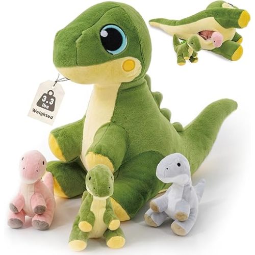 4Pcs Dinosaur Stuffed Animals, 19.5" Mommy Dino with Babies Inside, Weighted Stuffed Animal 3.3lbs, Dino Stuffed Animal, Dinosaur Plush Toys for Boys Girls on Birthday Children's Day Christmas