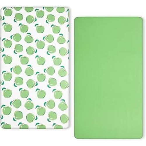 TILLYOU Baby Standard Crib Sheets, 2 Pack Fitted Crib Mattress Cover, Soft Breathable Baby Bed Sheets for Crib 28x52in(Green Apple)