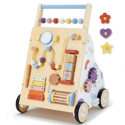 Wooden Baby Walker, Baby Push Walker, Montessori Walker Toy for Babies 12M+ Learning to Walk & Sit-to-Stand, Adjustable Speed Walkers for Boys, Baby Activity Center with Sensory Toy for Girls