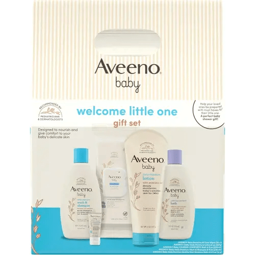 Aveeno Baby Welcome Little One Gift Set, Baby Skincare Set with Nourishing Baby Body Wash & Shampoo, Calming Bath Wash, All Over Baby Wipes, Daily Moisturizing Lotion, & Baby Balm, 5 Items
