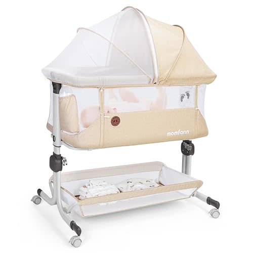 MOMFANN Baby Bassinet Bedside Sleeper, Upgraded Stability Bedside Crib with Full Mesh Sides, Soft Sheet, 6-Height Adjustment, Storage Basket, Easy Folding Portable Bassinet for Newborns, Oatmeal