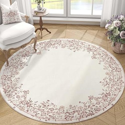 jinchan Round Rug 5ft Area Rug Indoor Vintage Circle Rug 5' Round Washable Thin Rug Floral Elegant Luxury Garland Print Non Slip Carpet for Living Room Dining Room Bedroom Entryway Decor Ivory Pink